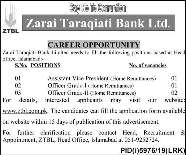 ZTBL Jobs Advertisement May 2020 Banker Jobs in ZTBL