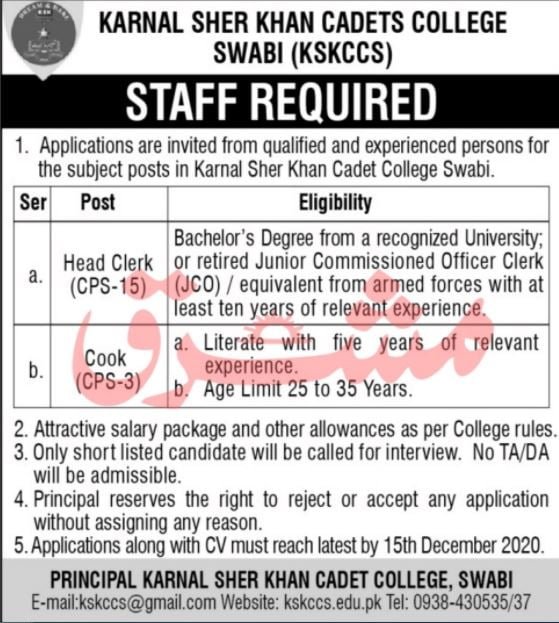 Karnal Sher Khan Cadet College Jobs Swabi December 2020