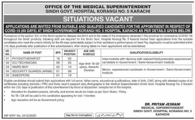 Sindh Govt Hospital Korangi Jobs December 2020