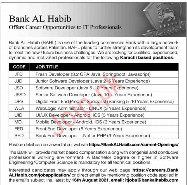 bank al habib jobs 2022 for cashier, Teller , branch Manager, IT Manager, HR Manager
