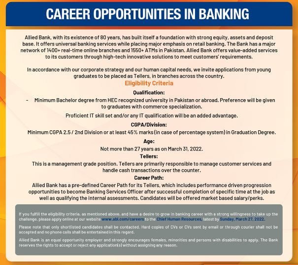 Allied Bank Jobs 2023 Online for Latest Career ABL for Tellers, Cashier, Branch Manager